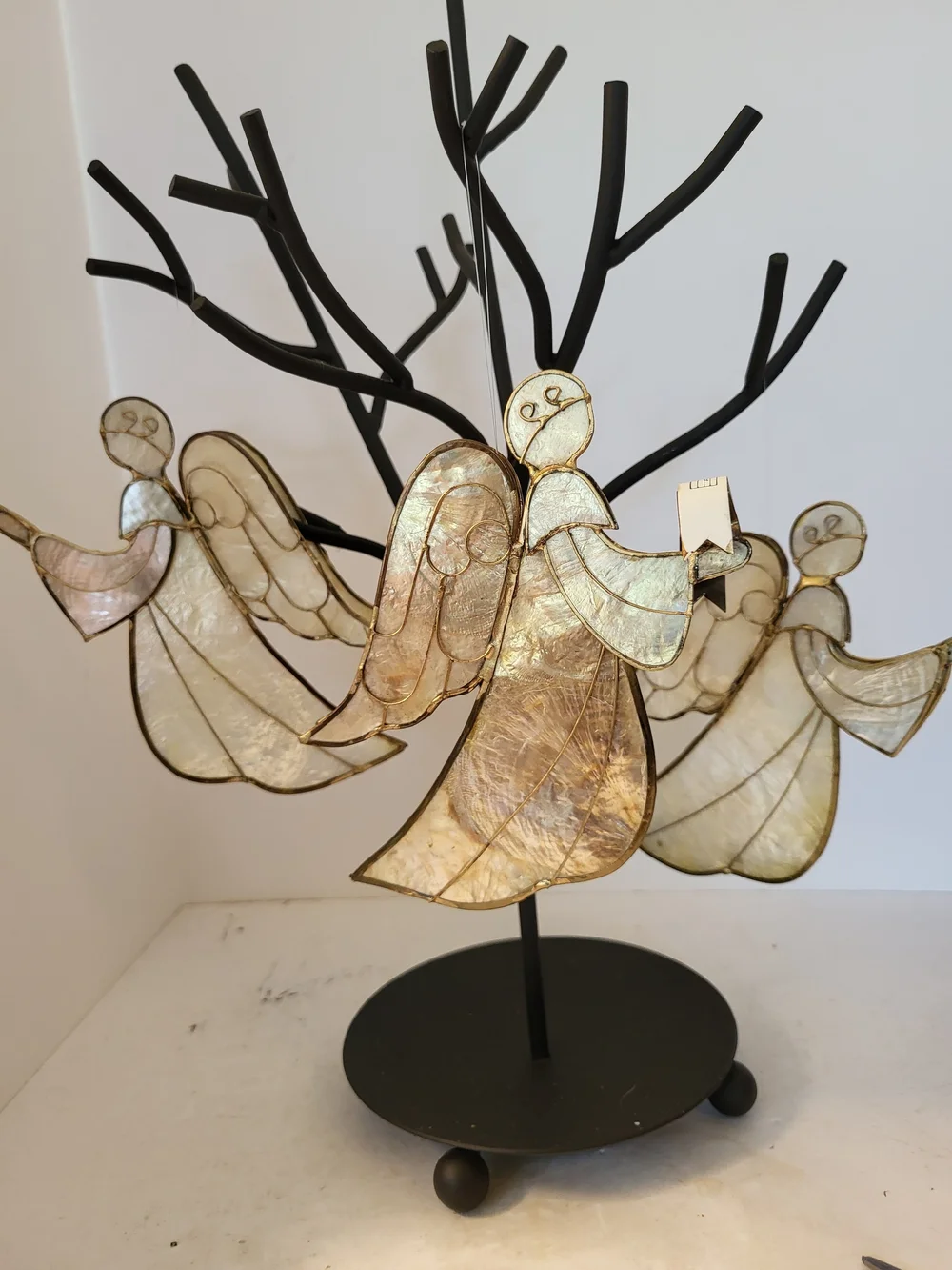 Vintage Capiz Shell Brass Angel Ornaments Set/3